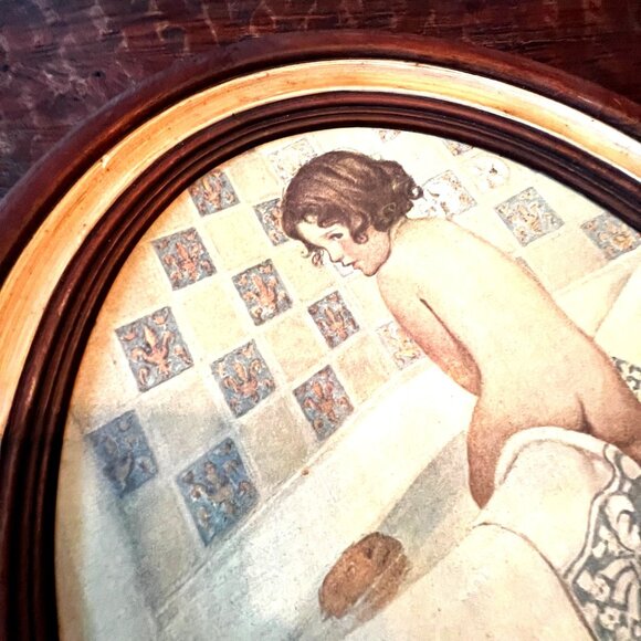 Vintage Framed Print "The Bath" Oval 14.62" X 19.28" Wooden Frame Wall Art - Picture 6 of 8